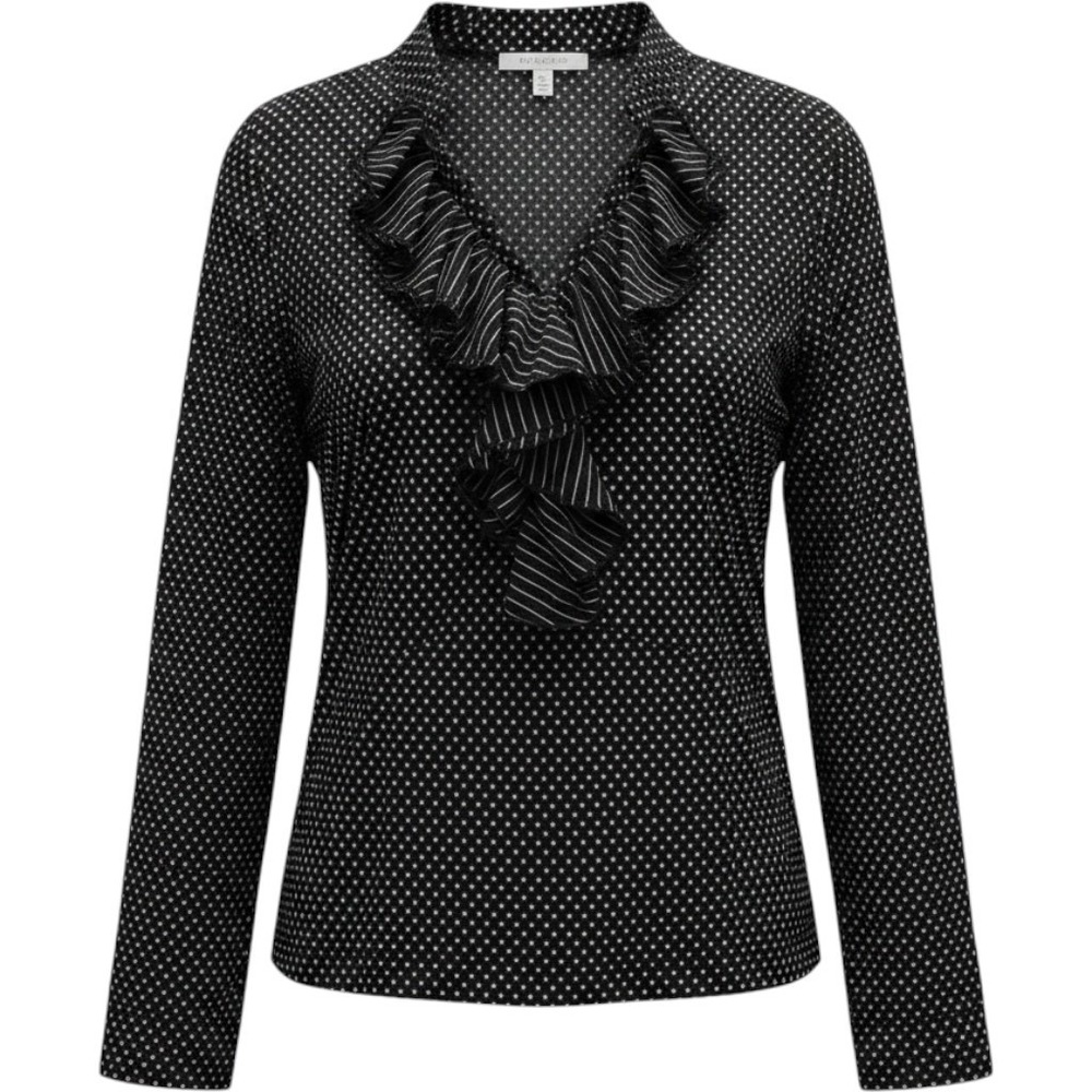 Lauren Ralph Lauren Polka Dot Ruffle V-Neck Top Black White Striped Trim Large